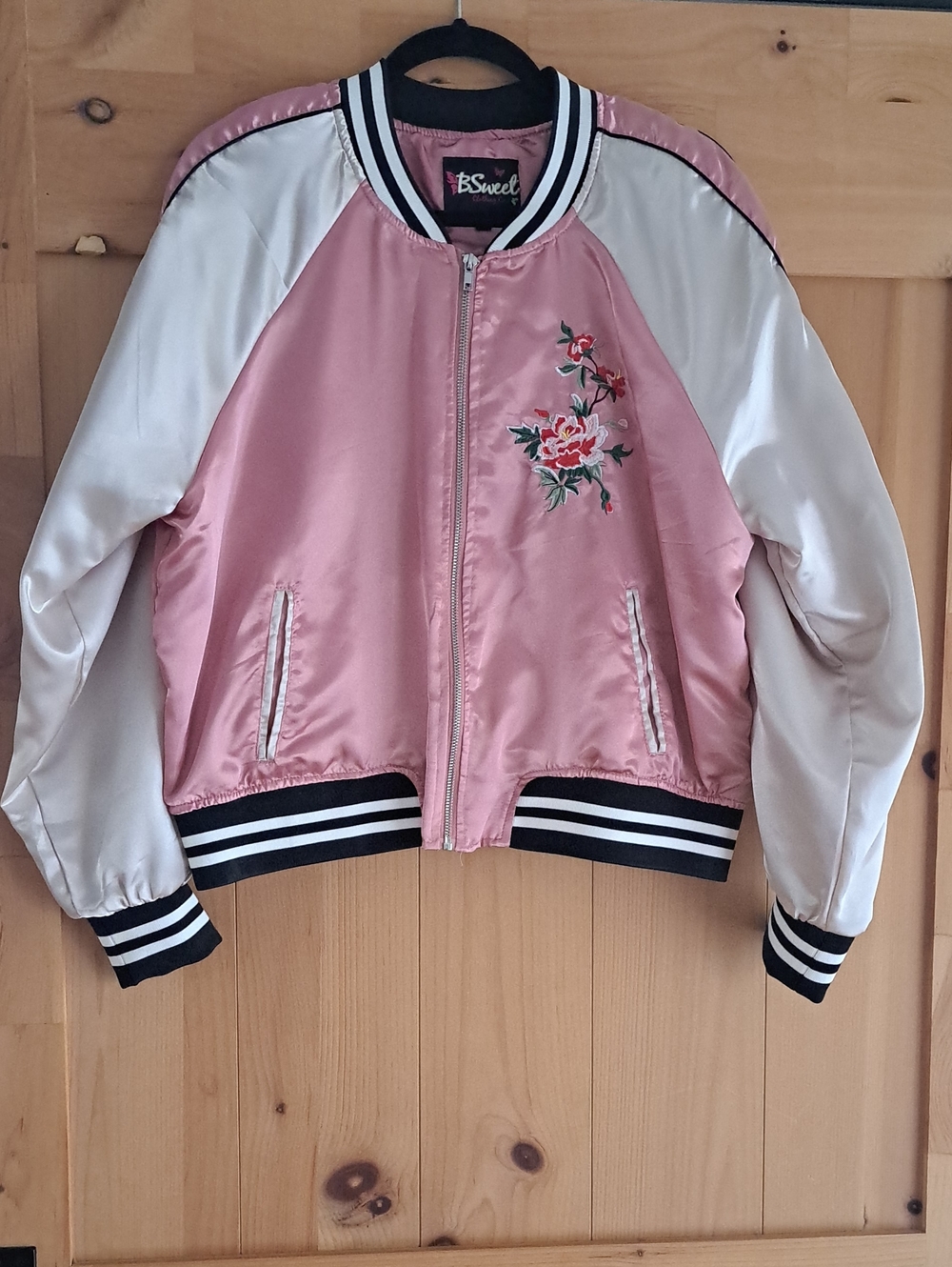 BSweet Pink Satin Embroidered Bomber Jacket/ Pink Ladies looking Jacket.  Grease